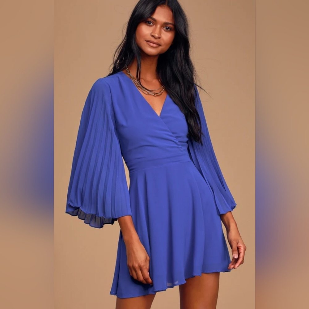 Lulus Chic Love Royal Blue Pleated Three-Quarter Sleeve Skater Dress NWOT